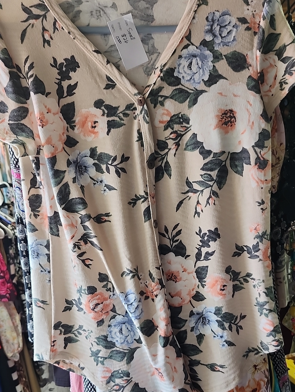 Cream Floral V-Neck Short Sleeve Top with Pink and Blue Blooms